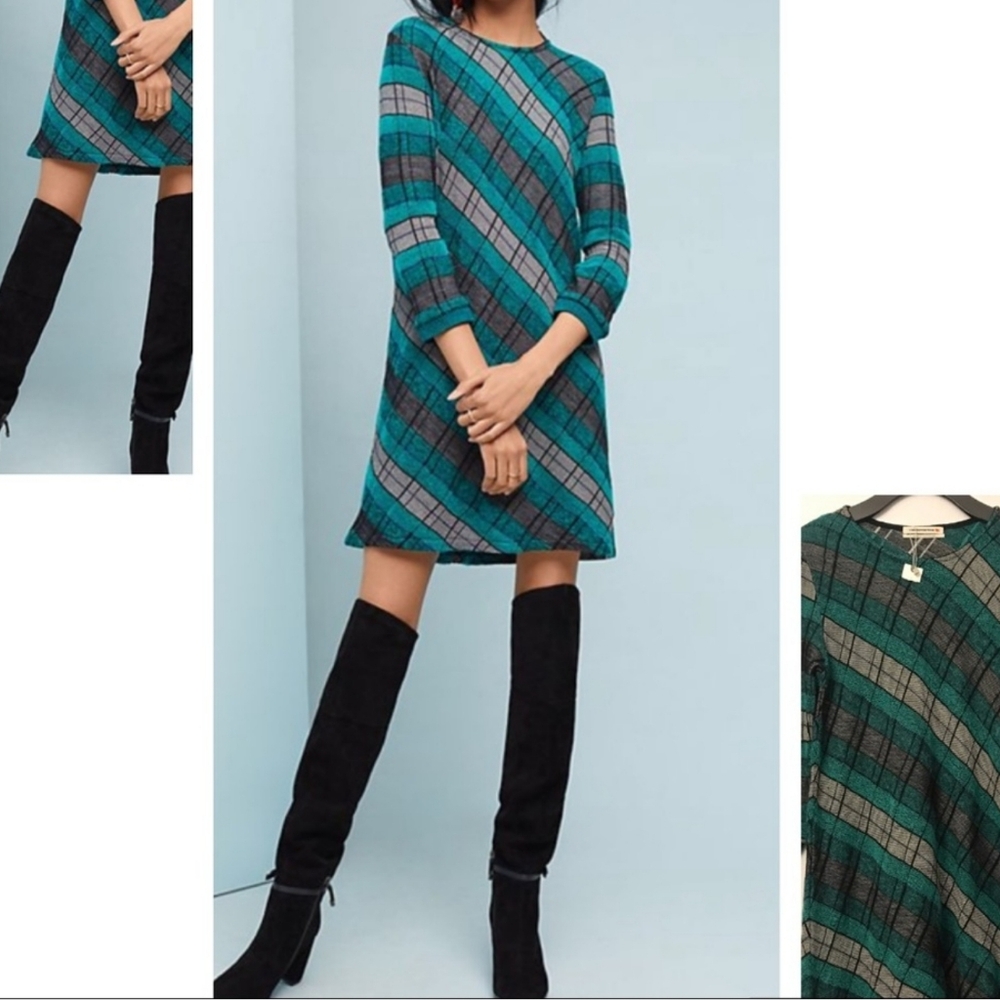 Anthropologie Aldomartins SM Dark Plaid Dress Wool Mohair Blend Green Gray #D2